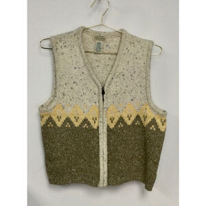 Vintage Women's St. John's Bay‎ Vest Size L Beige Green Knit Zip Up Sleeveless